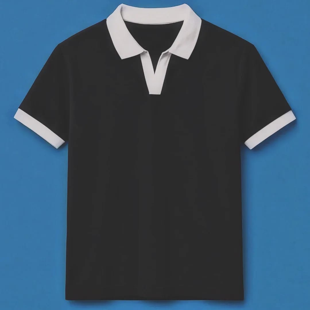 Men’s Black Polo Shirt with Contrast Collar & V-Type Open Placket – Smart Casual Style