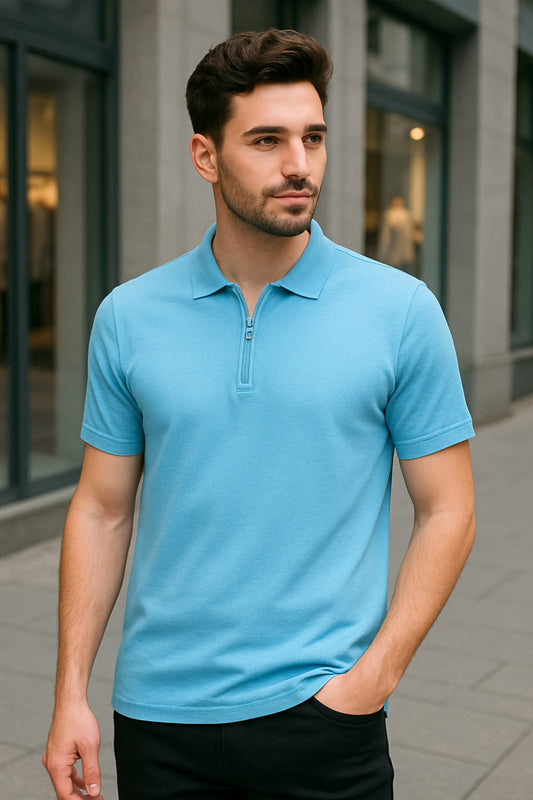 Stylish Sky Blue Polo Shirt for Men – With Front Zip Design