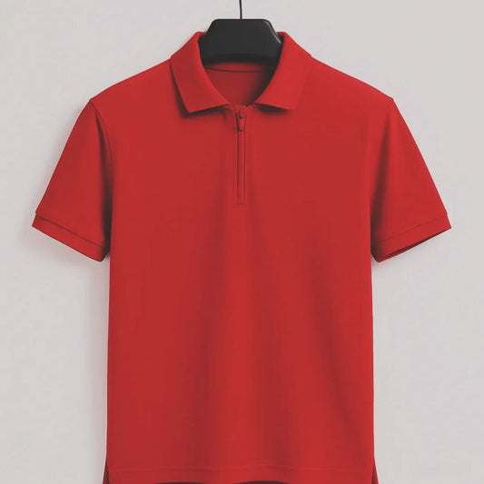 Men's Red Zip-Up Polo Shirt – Stylish Comfort with Modern Streetwear Vibe